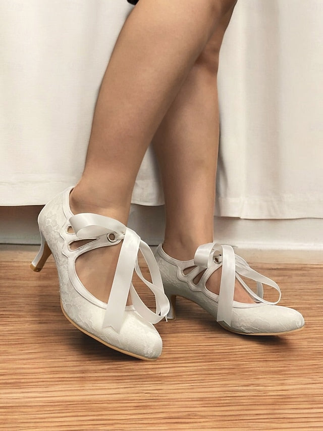 Pumps - Lace Bridal with Satin Elegant Ribbon Vintage White Ties
