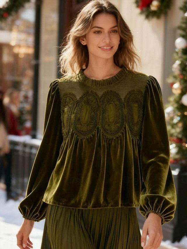 New Year Women's Lace Splicing Top Embroidered Elegant Long