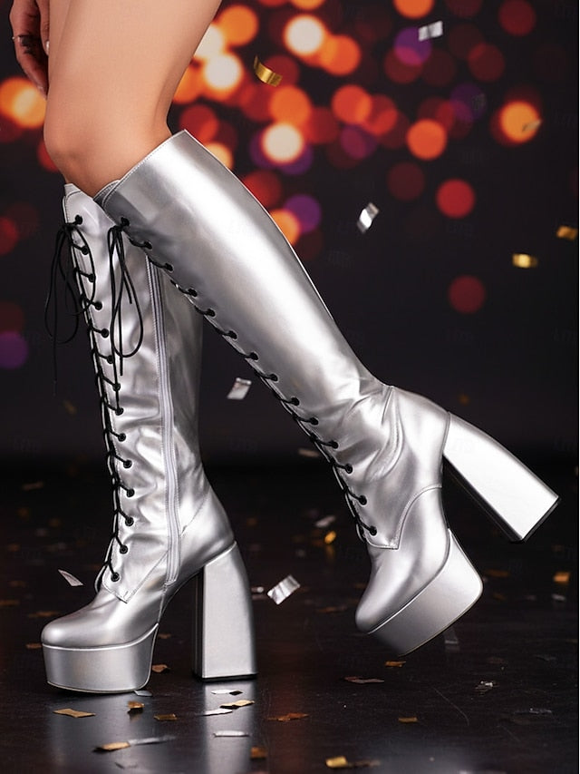 - Metallic Platform Knee High Women's Lace-Up Silver Boots