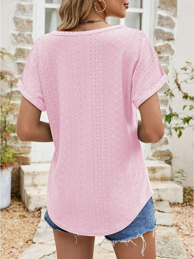 Women's Texture Blouse Eyelet Top Pointelle Tee Tunic