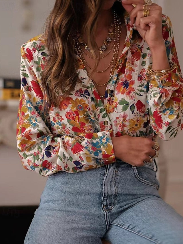 Women's Shirt Pocket Buttons Print Floral Bohemia Stylish