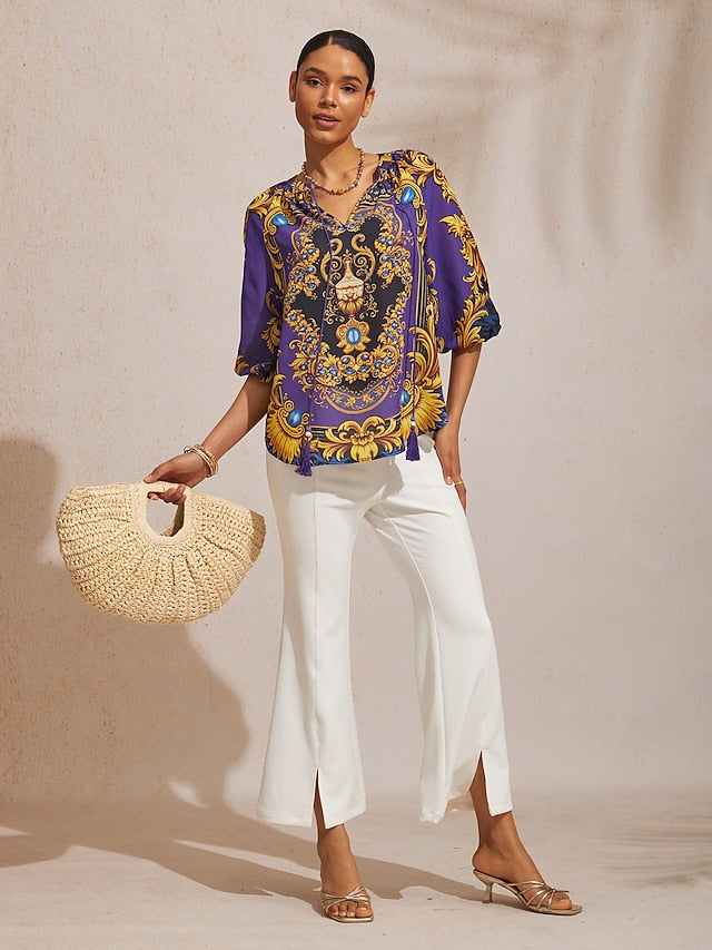 Midnight Blue Baroque Chiffon 3/4 Sleeves Top