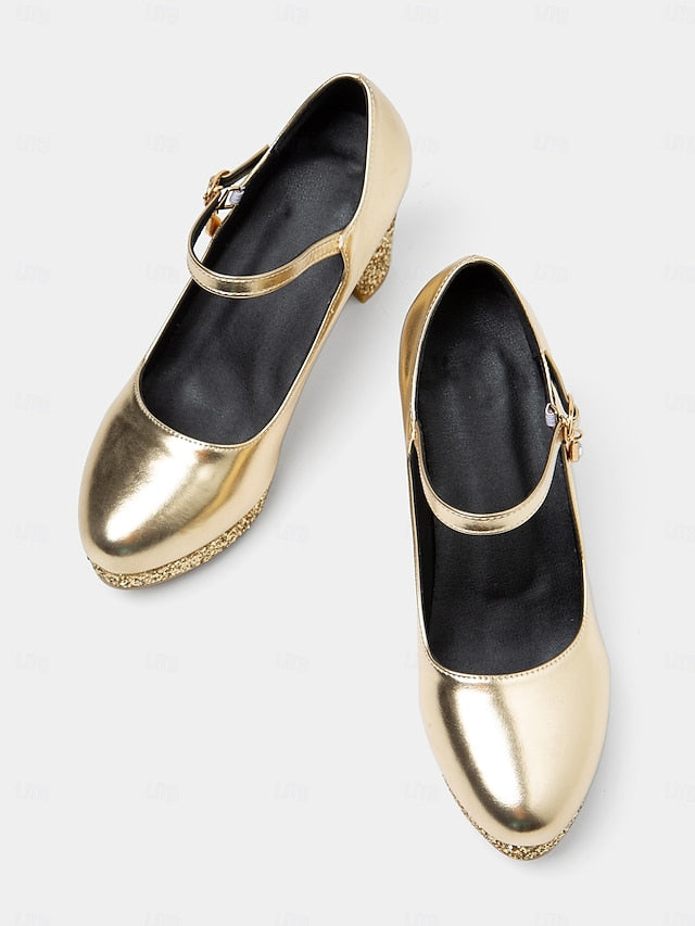 Heel Gold Pumps Sparkly Women's Jane Glitter Block Mary –