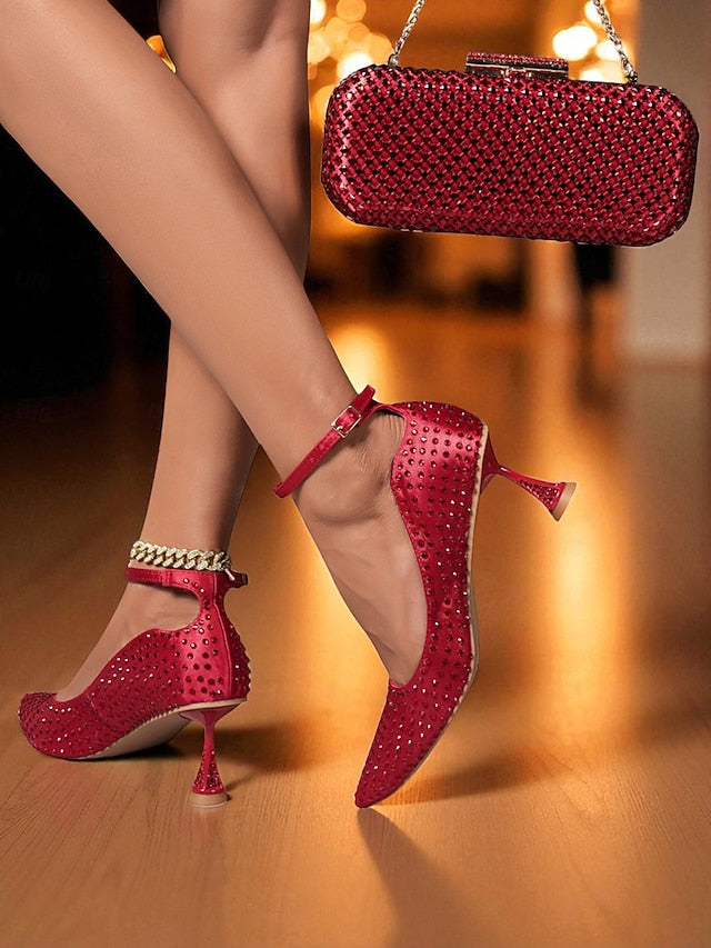 Matching and Clutch Set Women's Heels Bag Green Rhinestone