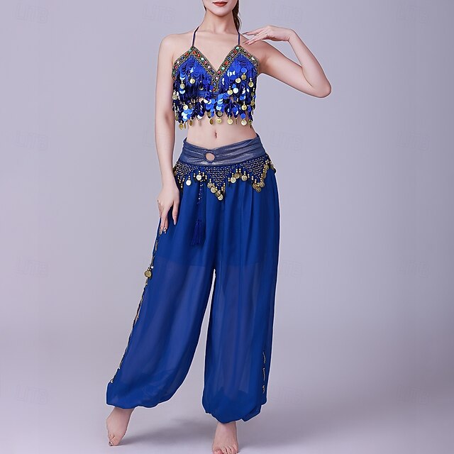 Latin Dance Top Gold Coin Pure Color Splicing Women's
