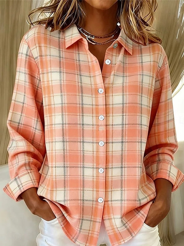 Women's Shirt Buttons Print Graphic Plaid Vintage Stylish