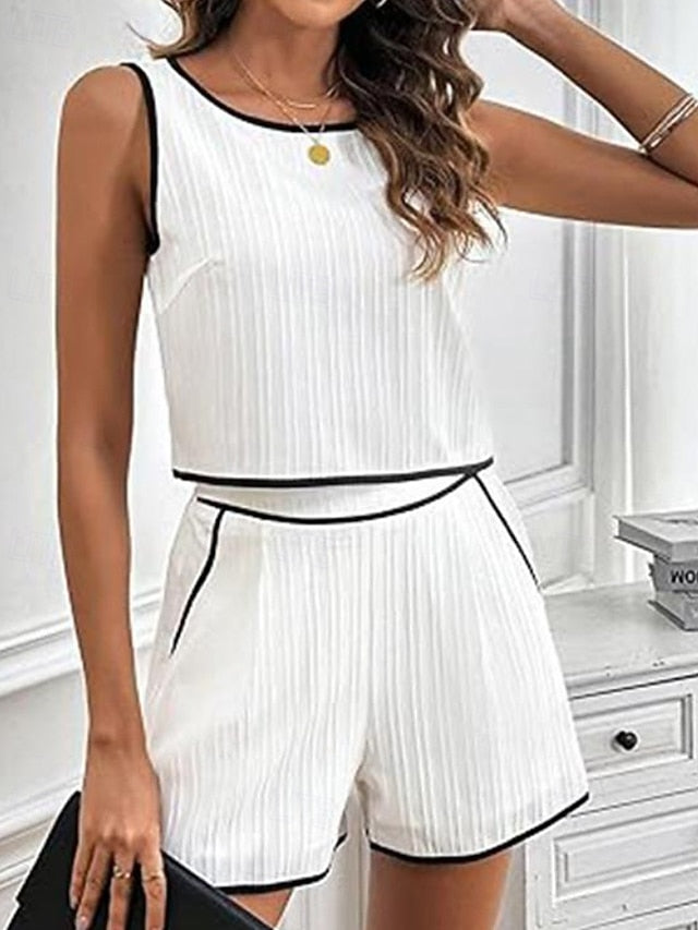 Women's Blouse Shorts Sets Sleeveless Crew Neck Color Block