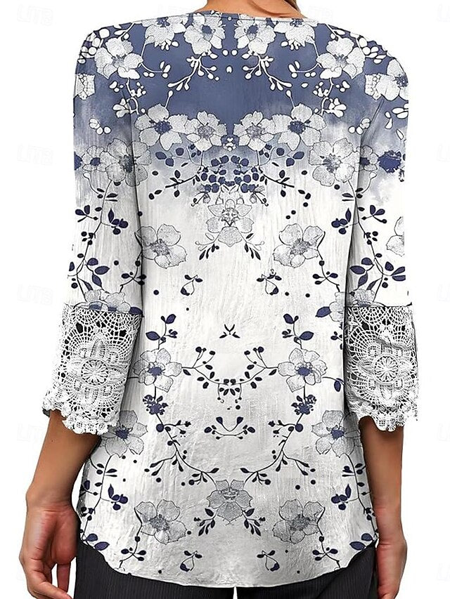 Women's Boho Shirt Tunic Lace Buttons Ombre Floral Stylish