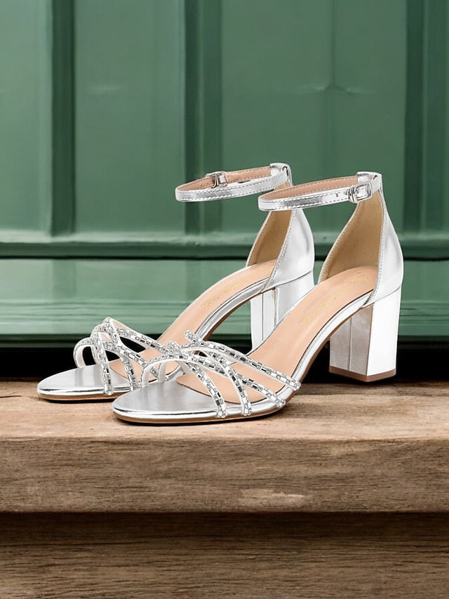 Heel Silver Block Metallic Sandals Strappy with Rhinestone