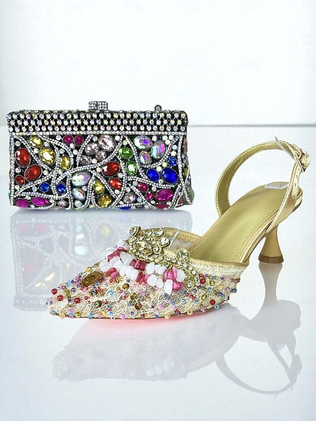 Green Women's Clutch Set Shoes Rhinestone Heel and - Bag