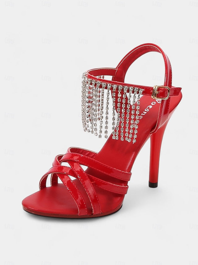 Red Leather Stiletto with Sandals Patent Women's Rhinestone