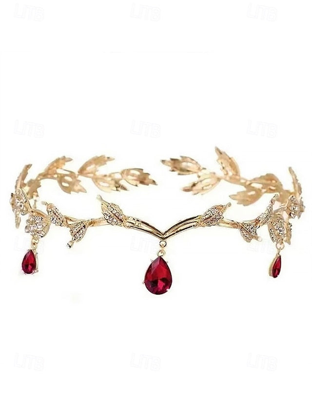 Headpiece – Blue Gemstone with Leaf Drops Vintage Gold