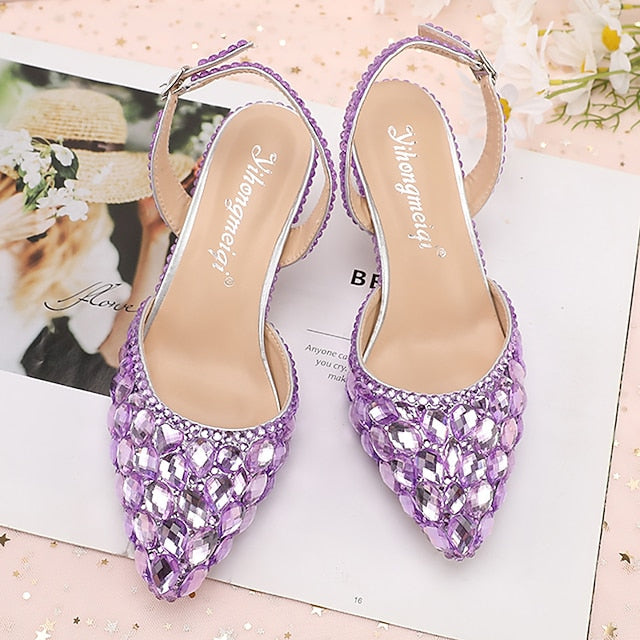 Women's Crystal Pointed-Toe Heels High Slingback Rhinestone