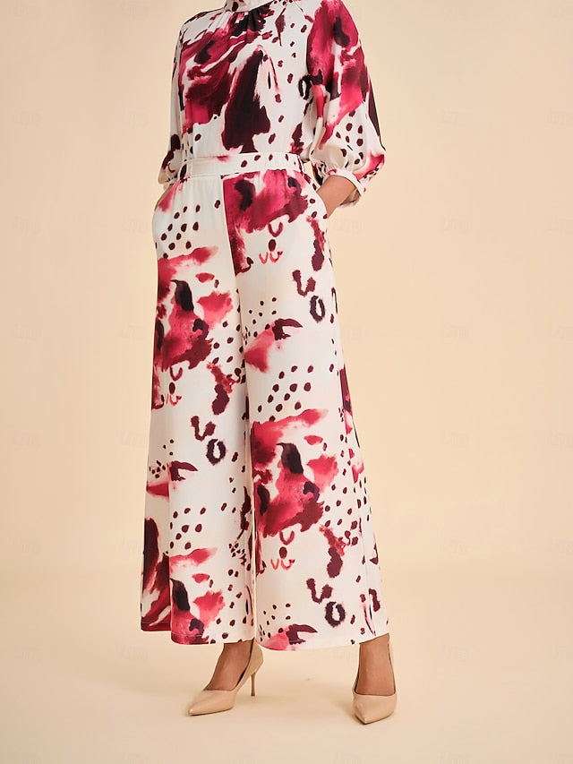 Women's Blouse Wine Abstract Print Standing Collar Casual