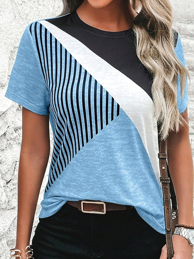 Women's T Shirt Casual Color Block Print Short Sleeve