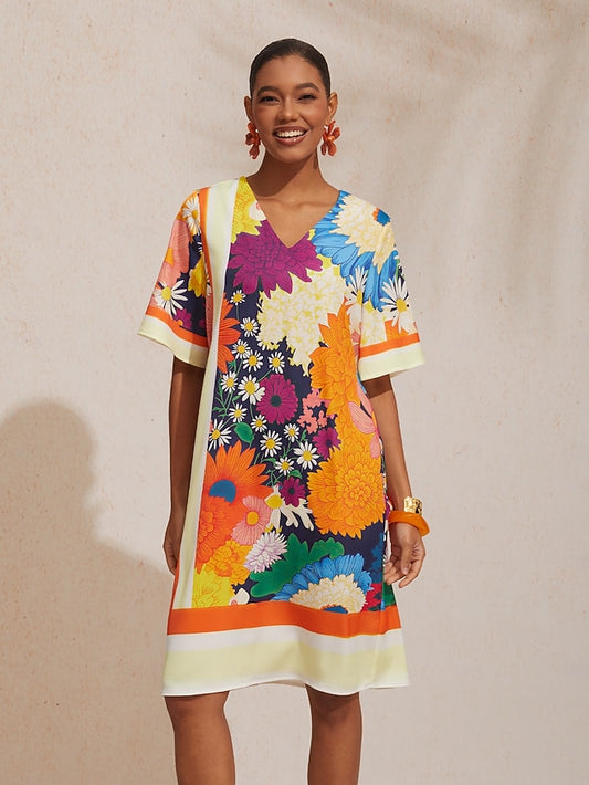 Satin Floral Print Midi Dress Travel Vacation Casual