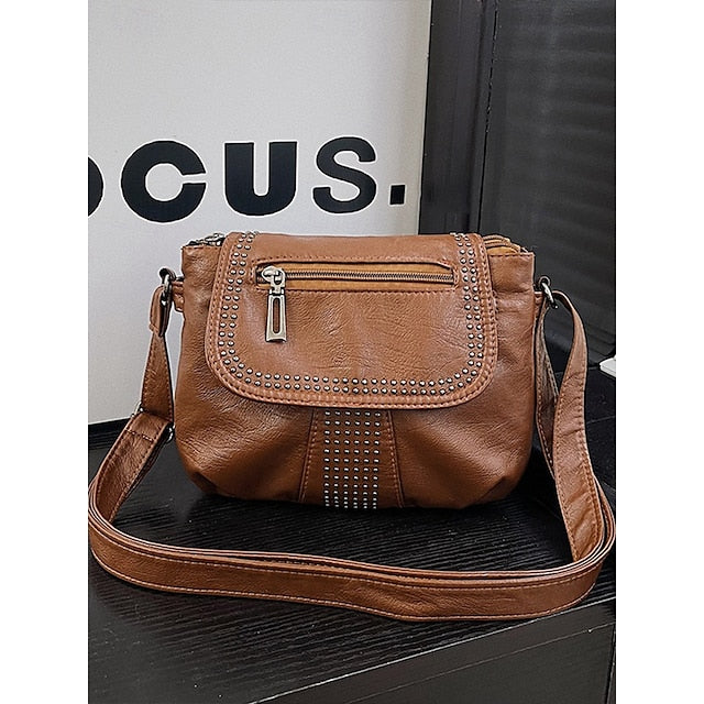 with Faux Bag Women's Leather Brown Crossbody Studded