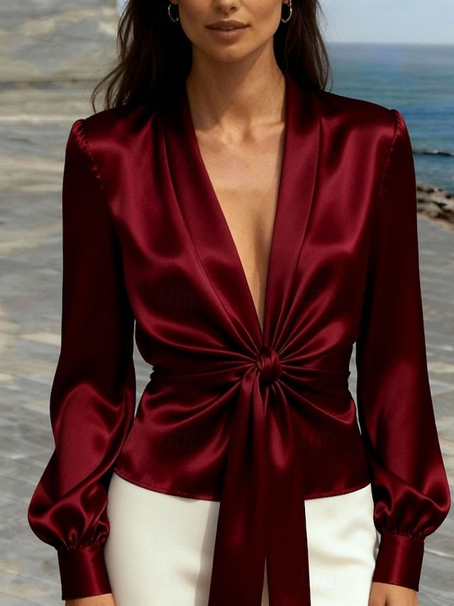 Women's Shirt Blouse Tie Front Plain Stylish Modern Casual