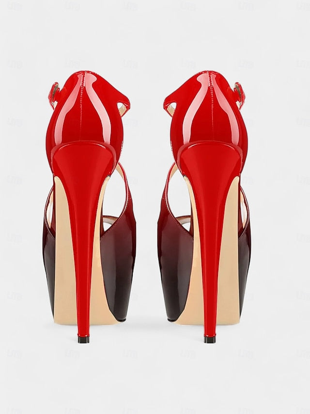 Patent Cross Red Black Stiletto Heels and Platform with Leather