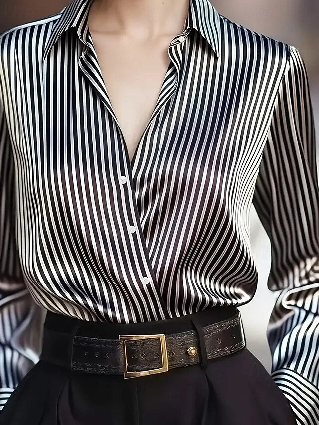 Women's Shirt Elegant Dressy Satin Top Buttons Striped
