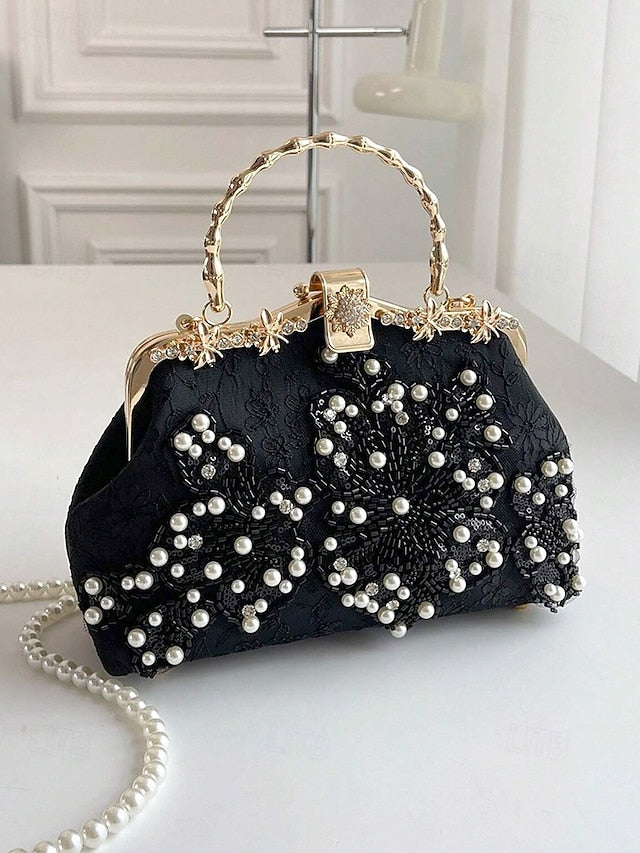Elegant Pearl with and Evening Lace Handbag Floral White