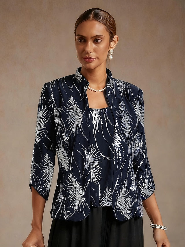 Women's Twinset Blouse Dressy Tops Jacket Sequins Feather
