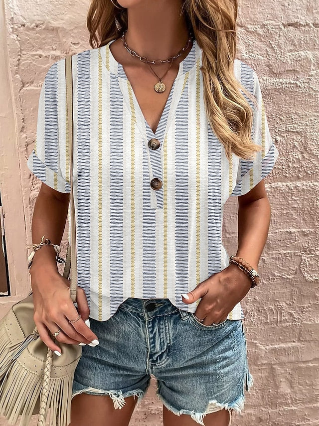 Women's T Shirt Tee Top Buttons Print Graphic Geometric