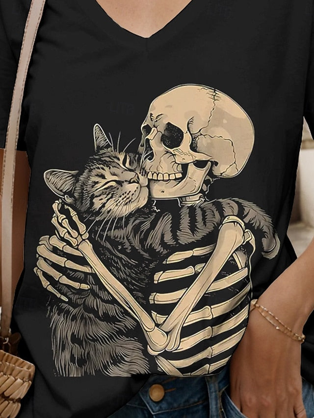 Women's T Shirt Skulls Graphic Cat Vintage Stylish Classic