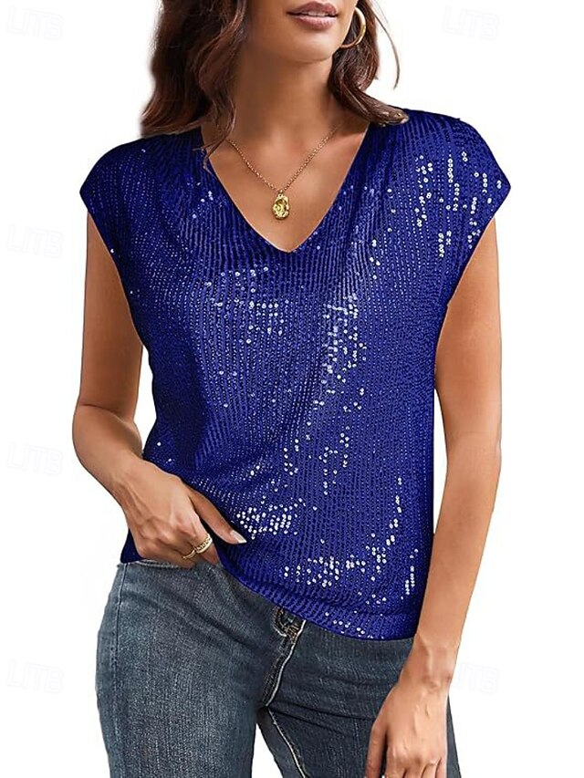 Women's T Shirt Tee Top Sequins Striped Fashion Short