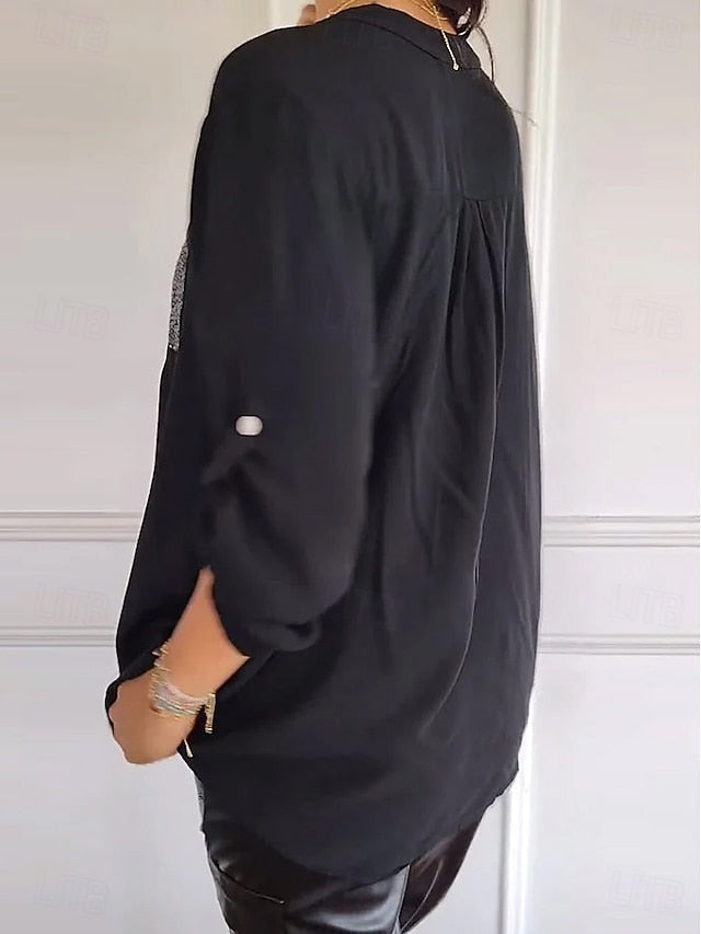 Women's Shirt Elegant Dressy Satin Top Sequins Patchwork