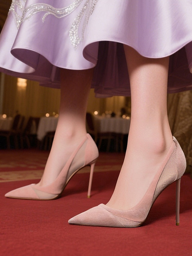 Mesh Toe Women's Pumps Suede Pointed Nude with Detailing