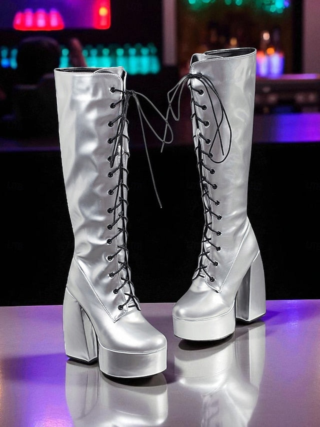 - Metallic Platform Knee High Women's Lace-Up Silver Boots