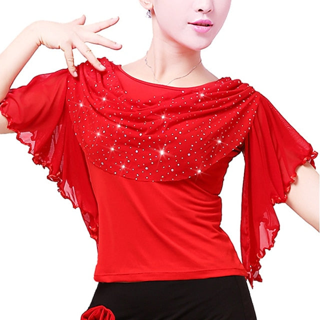 Latin Dance Ballroom Dance Sparkle Top Ruffles Pure Color