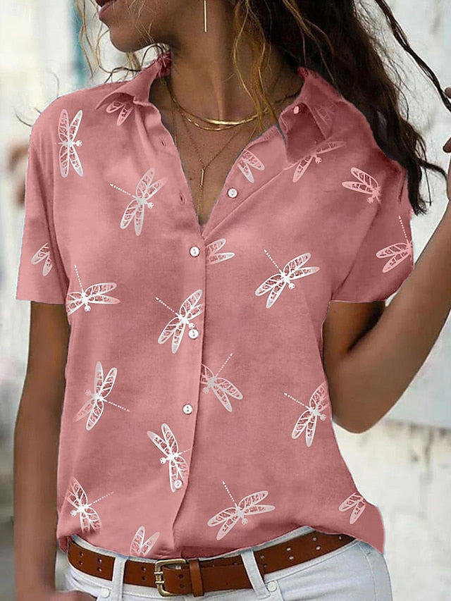 Women's Casual Shirt Short Sleeve Dragonfly Print Lapel