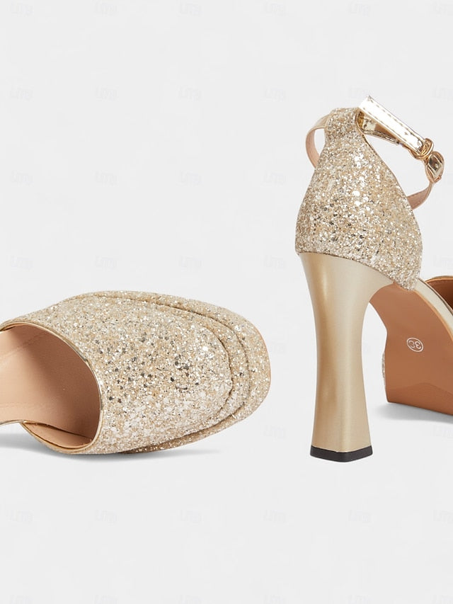 Glitter Gold Heels Women's Platform High