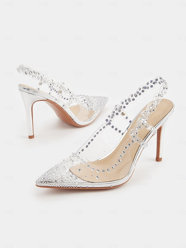 Rhinestone Pointed Heels Toe with Slingback Women's Clear