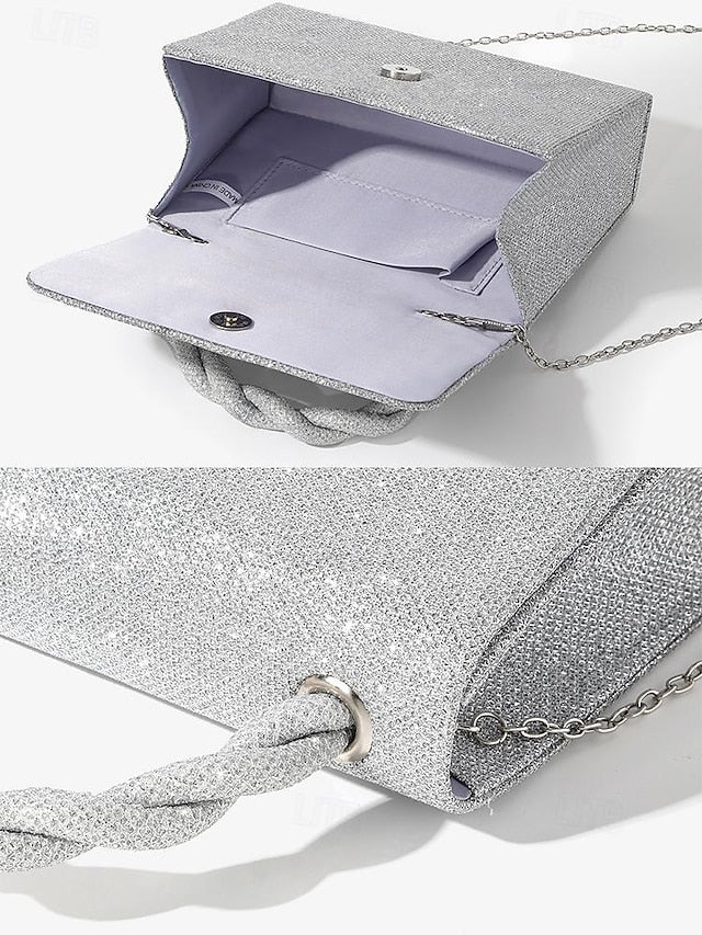 Handbag Glitter with Handle Silver and Braided Women's