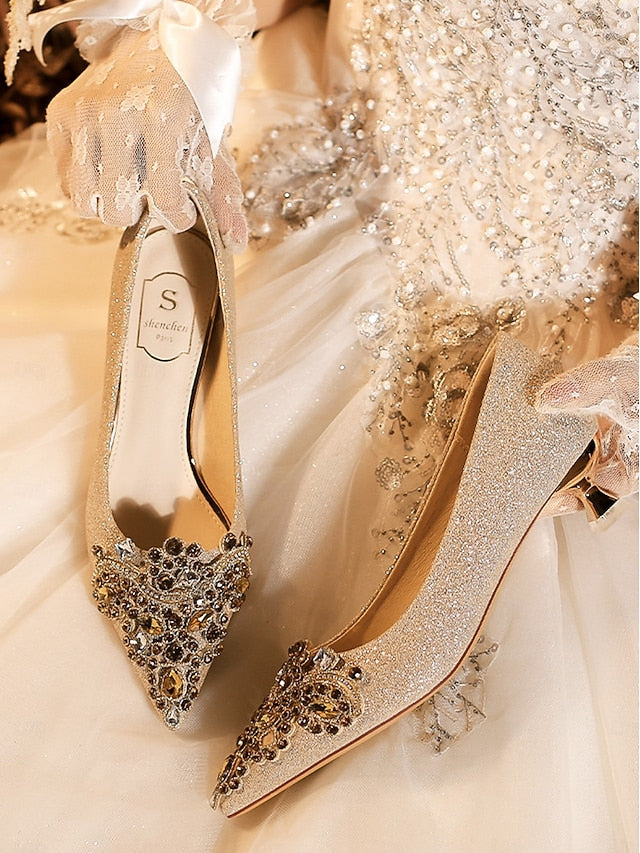 Pumps Low with Gold Heel Women's Pointed-Toe Glitter