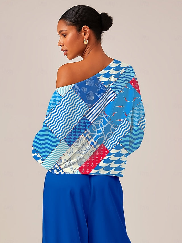 Ocean Inspired Geometric Off Shoulder Top