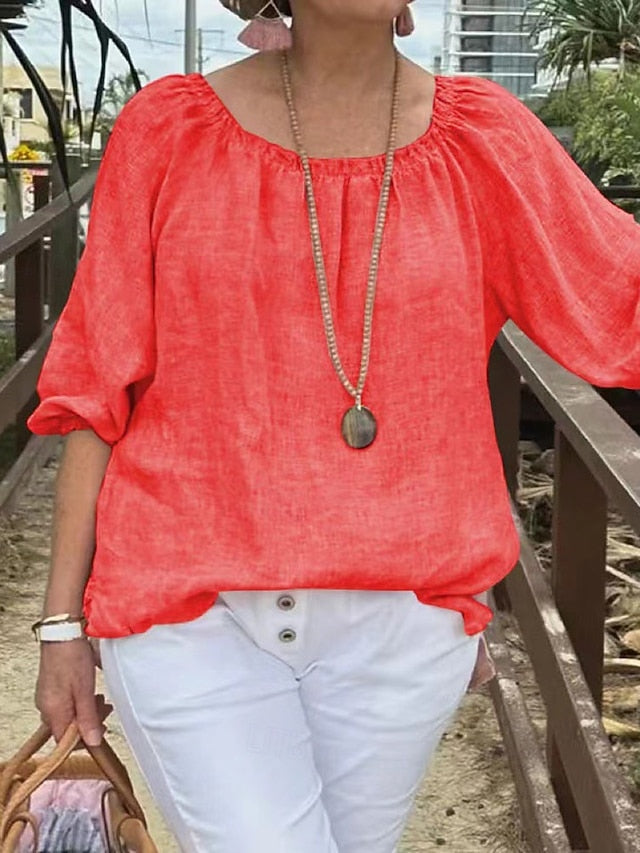 Women's Cotton Linen Shirts Blouse Patchwork Plain Elegant