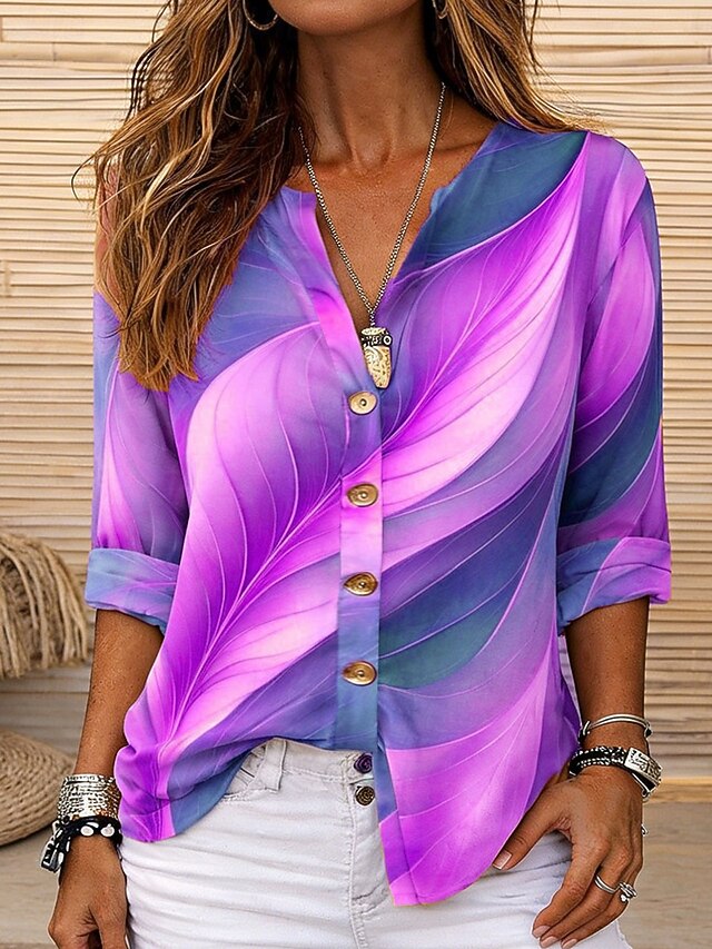 Women's Shirt Tunic Summer Tops Buttons Ombre Graphic