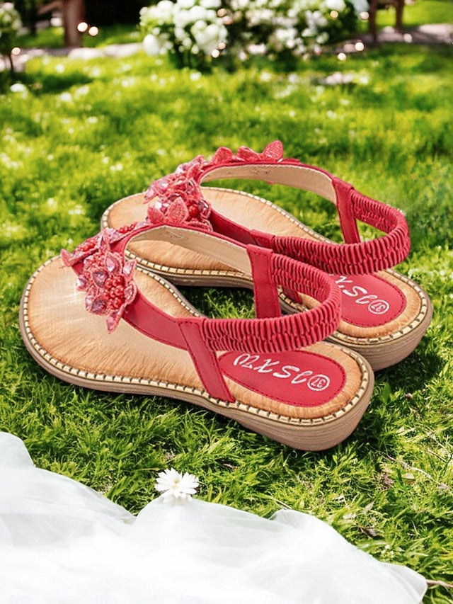 Beaded Comfortable Slip-Ons Floral Design with Flat