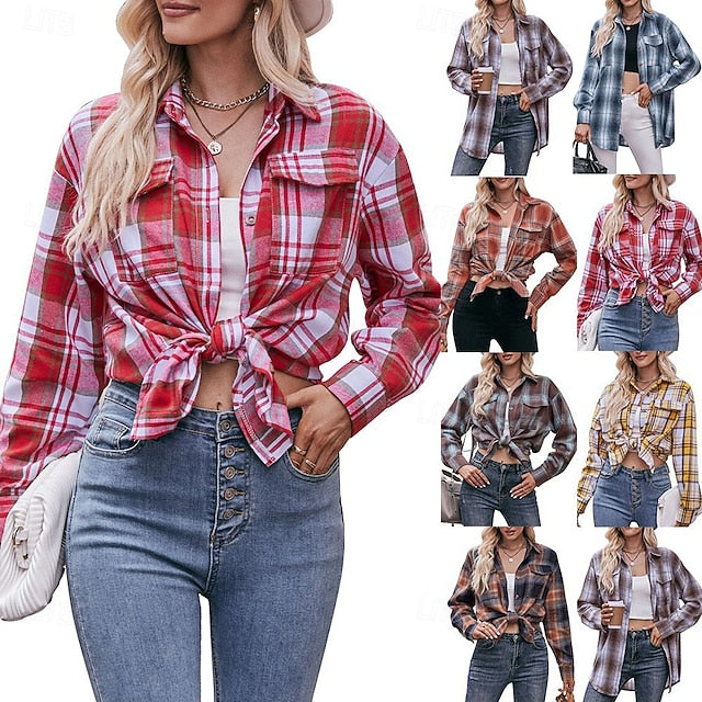 Women's Shirt Pocket Buttons Print Plaid Vintage Tropical