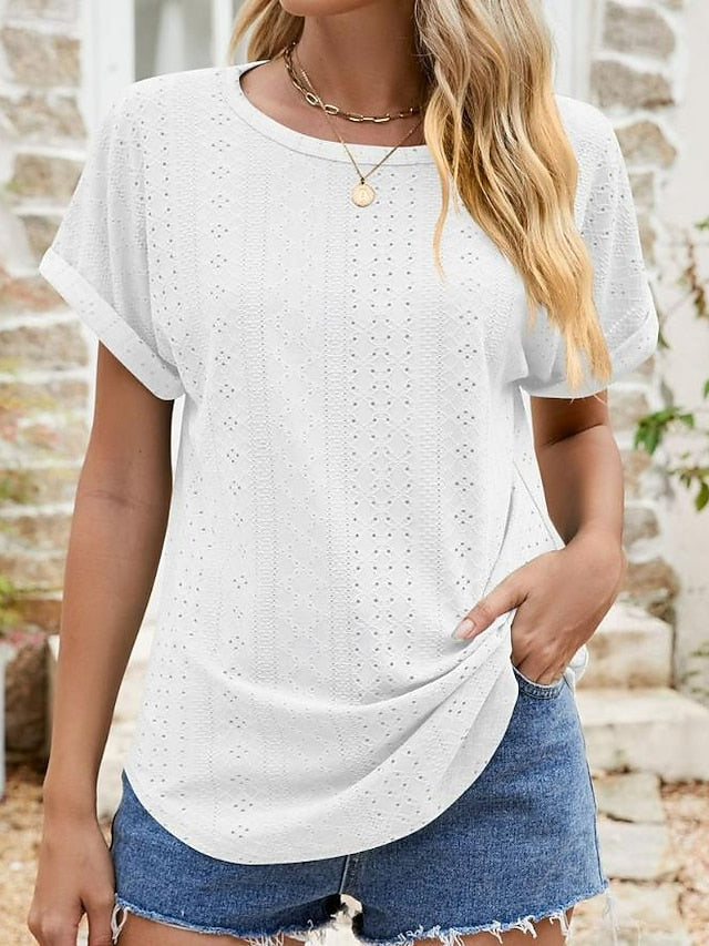 Women's Texture Blouse Eyelet Top Pointelle Tee Tunic