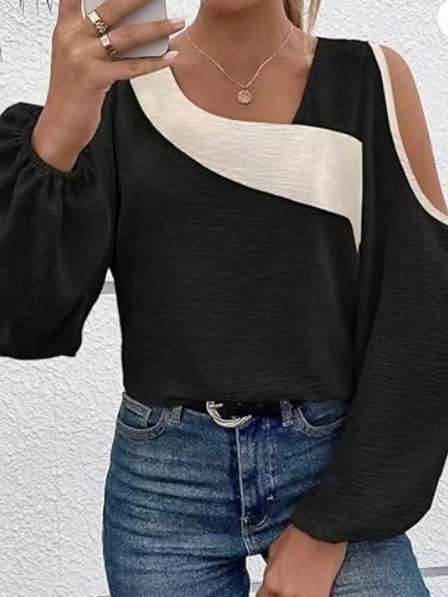 Women's Shirt Blouse Patchwork Cut Out Solid Color Basic