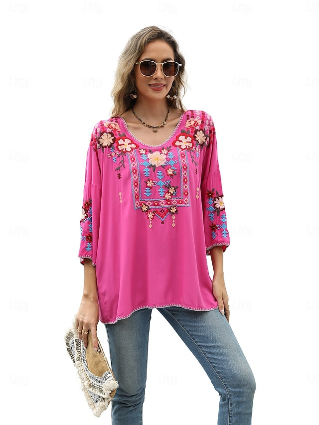 Women's Boho Shirt Embroidered Solid Color Floral Bohemia