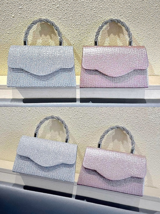 Glitter Handle Handbag Silver Rhinestone Women's with –