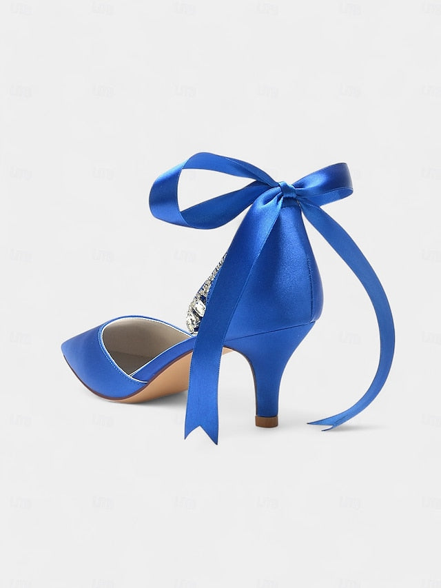 Blue Satin Rhinestone Heels Pointed-Kitten Strap Ankle and with