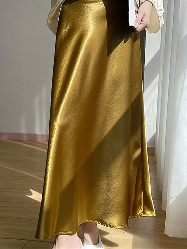 Women's Satin Skirts Elegant Vintage Fashion Casual Midi