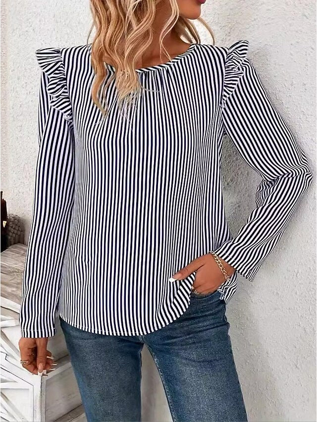 Women's Tunic Ruffle Asymmetric Hem Striped Stylish Long